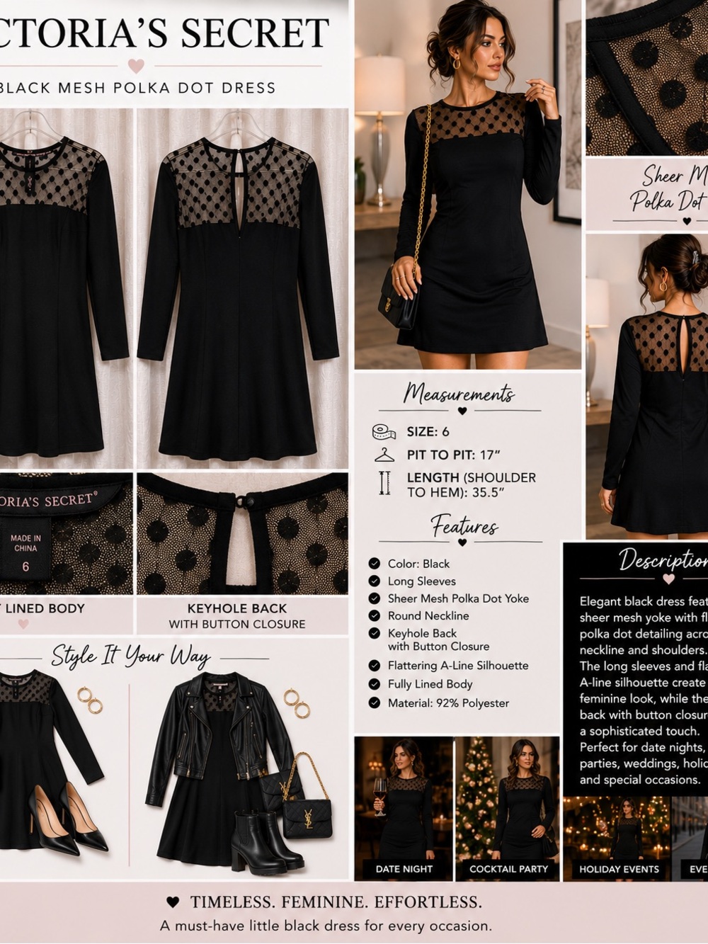 Victoria's Secret Black Long-Sleeve Sheer Polka Dot Yoke Dress